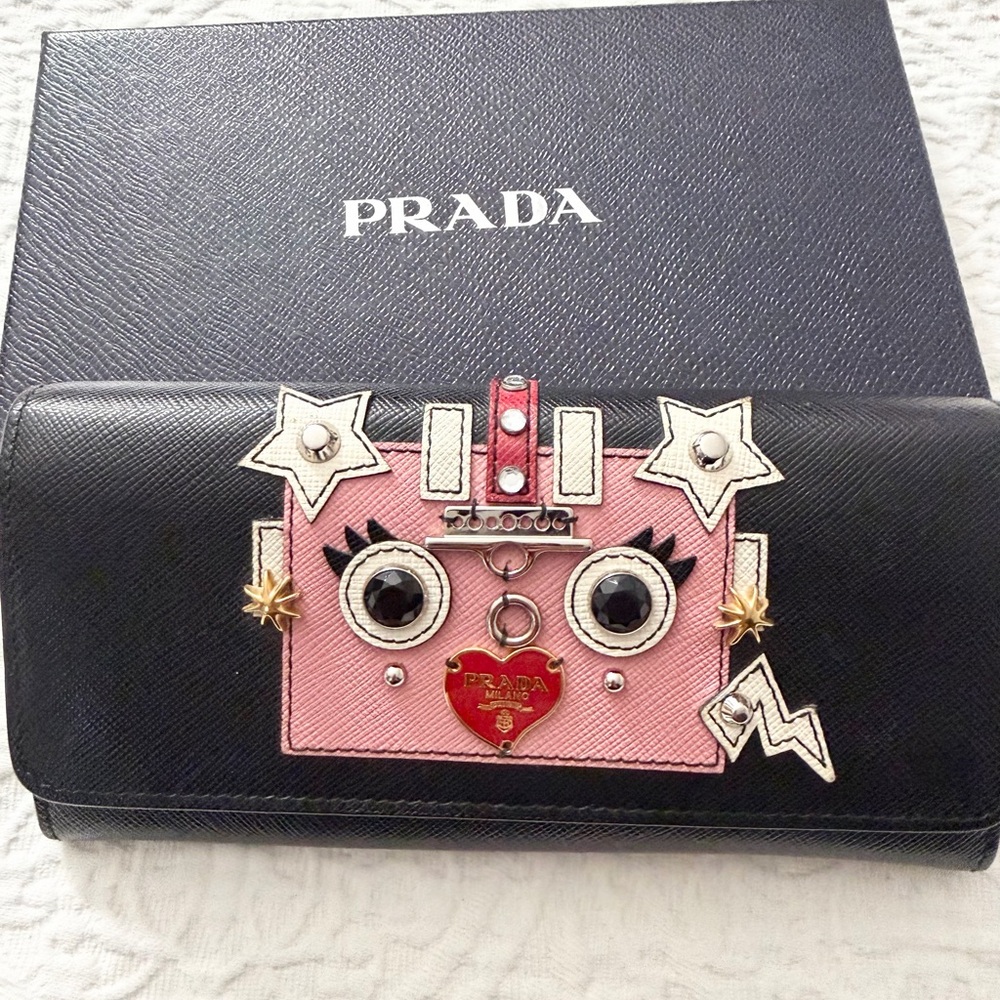Prada Robot Black and Pink Embellished Saffiano Leather Wallet AUTHENTIC (Rare) - Picture 2 of 11